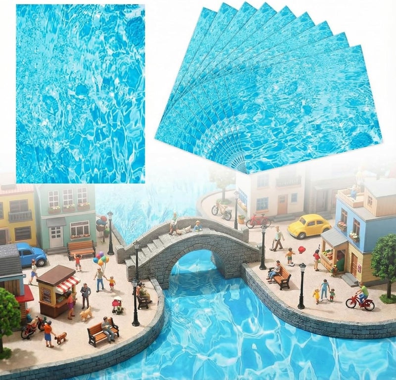 Fuyoooo 10 Pcs 11.81'' x 8.27'' Village Ocean Display Mat Diorama Water Wave Sticker Fake Scene Landscape Decor Artificial Water Ripple for DIY Miniature Base Scenery Model Accessories - Image 1
